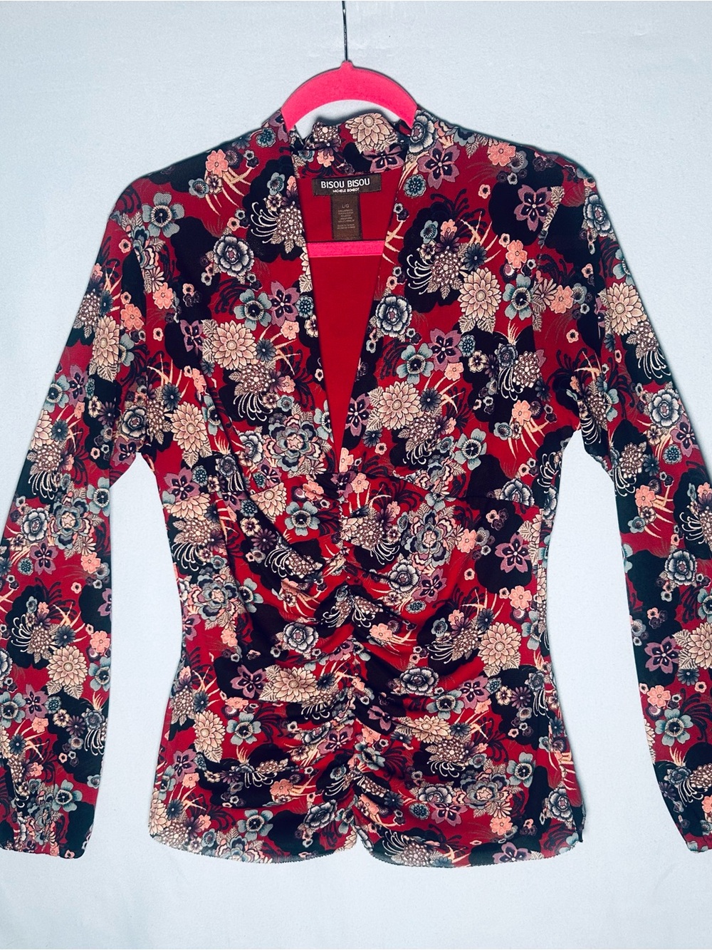 Bisou Bisou Red Floral Twist-Front Ruched Long Sleeve Sheer Top w/lining Large